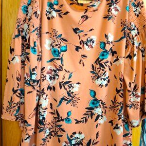Womens Evri Blouse tangerine flowered print with pleated sleeves.  Roomy 2X